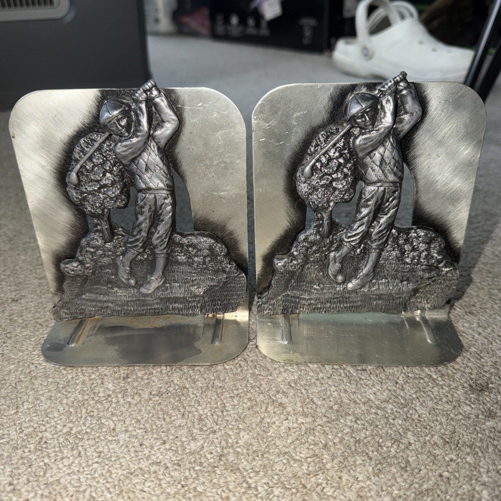 Vintage Antique Golfer Bookends Pair Metal 1920's Rare Find